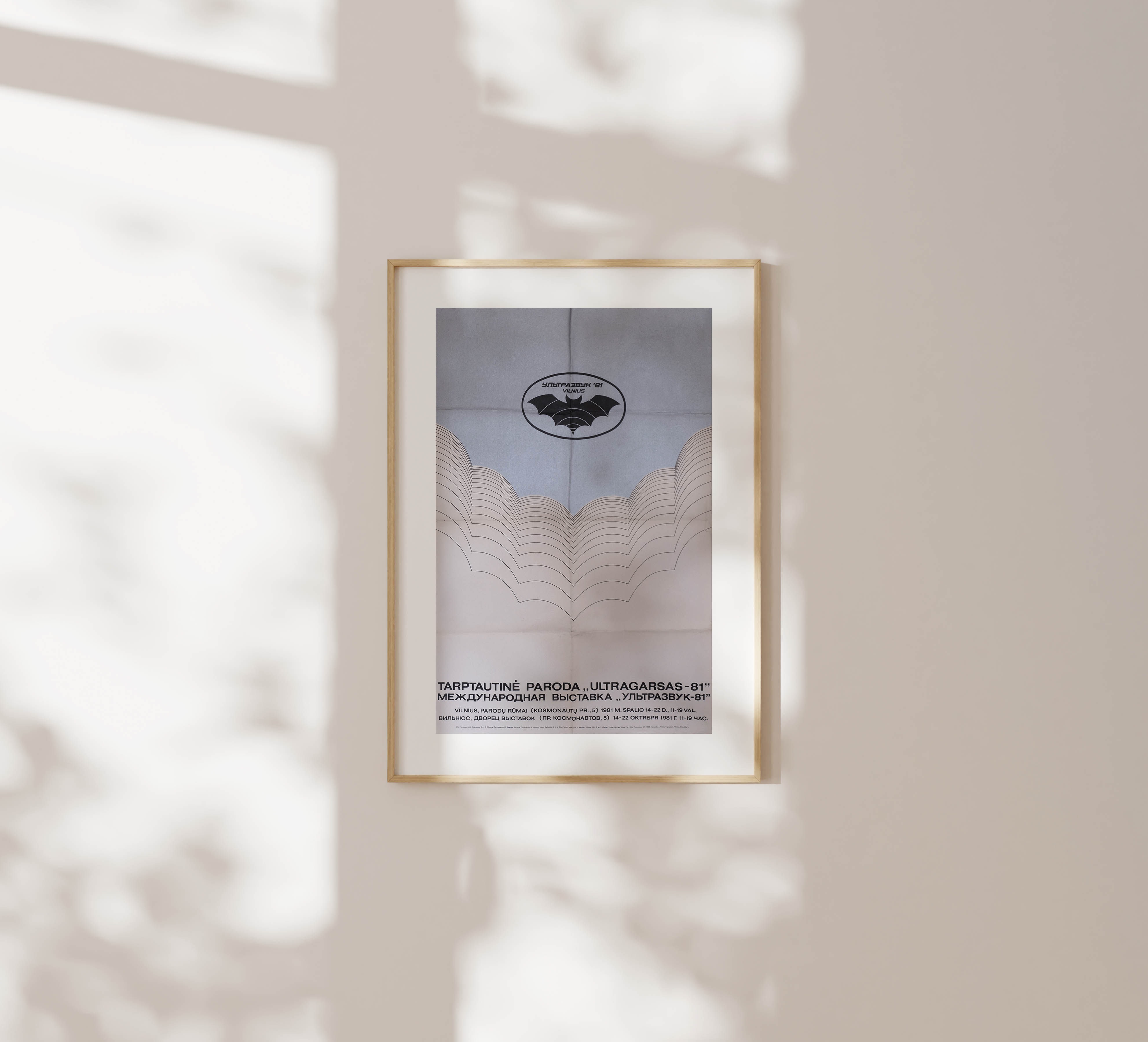 Framed exhibition poster hanging on a beige wall under dappled sunlight and leaf shadows.
